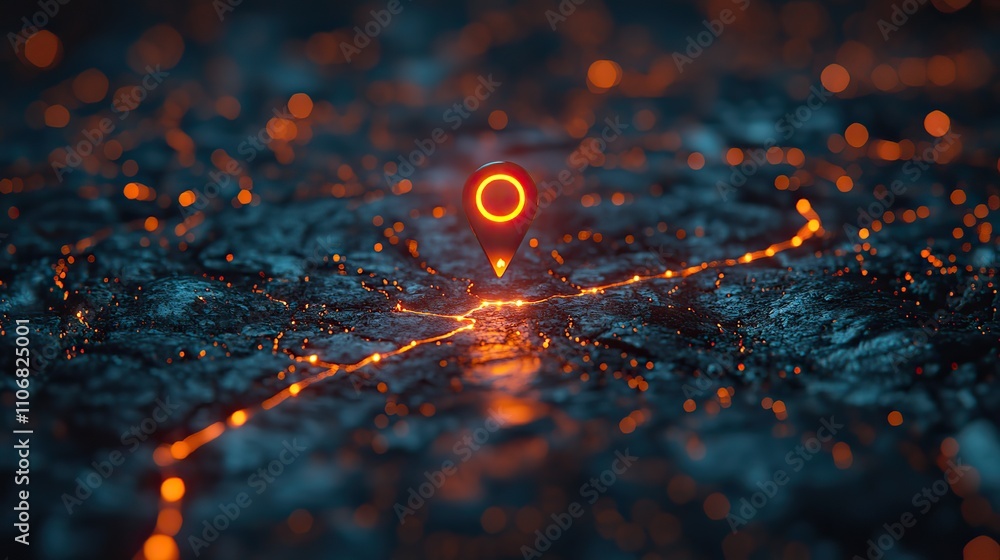 Poster a glowing pin on an interactive map with route wires branching out, illustrating futuristic navigati