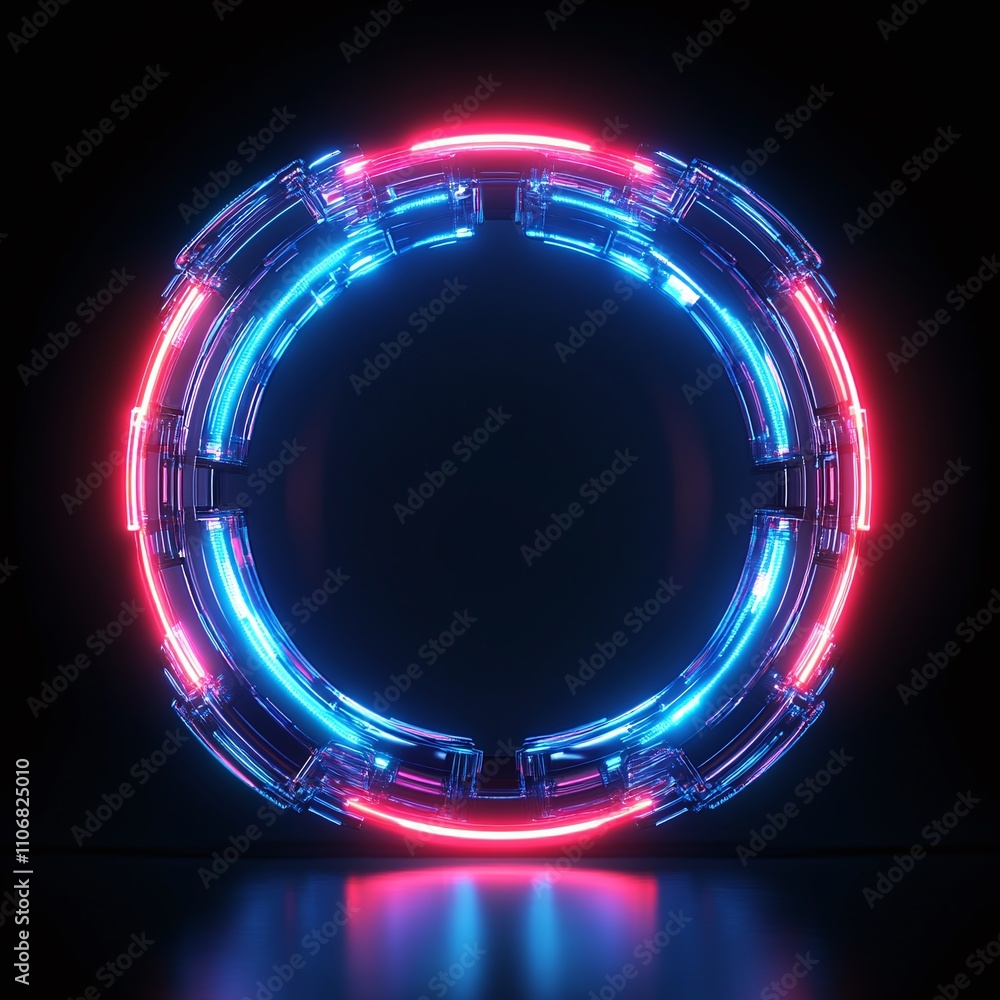 Poster futuristic neon circular frame with blue and red lights in a dark background for sci-fi designs and 