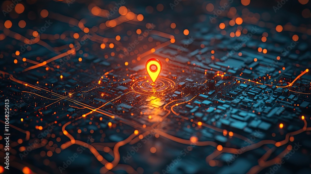 Poster a glowing pin on an interactive map with route wires branching out, illustrating futuristic navigati