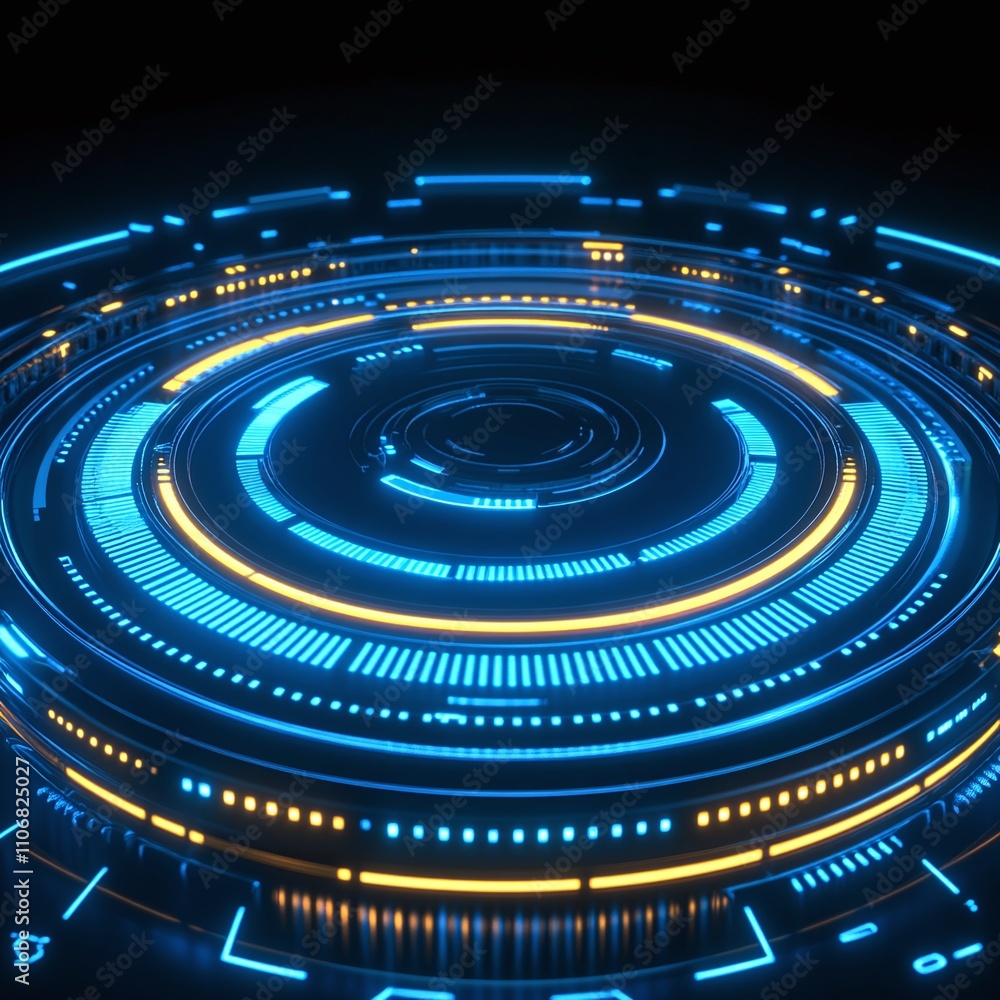 Poster futuristic neon circular interface with glowing elements and high-tech visuals for digital design pr