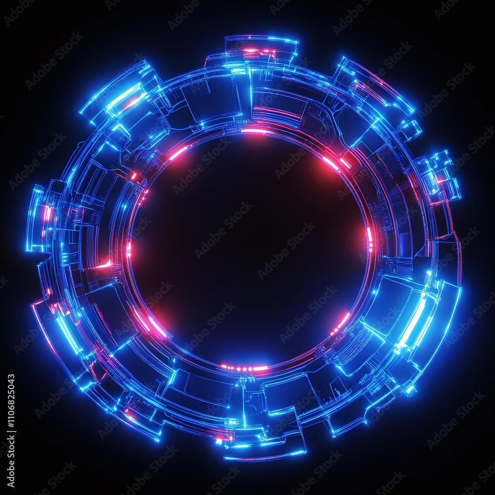 Poster futuristic neon circular portal design with abstract light effects and technology elements on black 