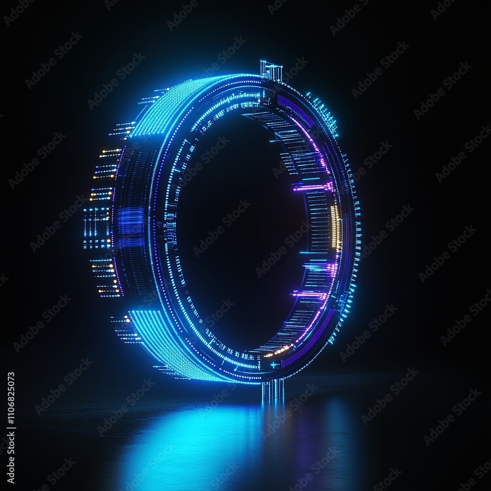 Poster futuristic neon circular shape with bright glowing lights on a dark background for technology and de