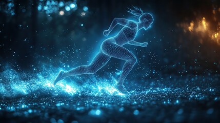 A glowing wireframe of a running athlete on a dark background, symbolizing fitness and technology
