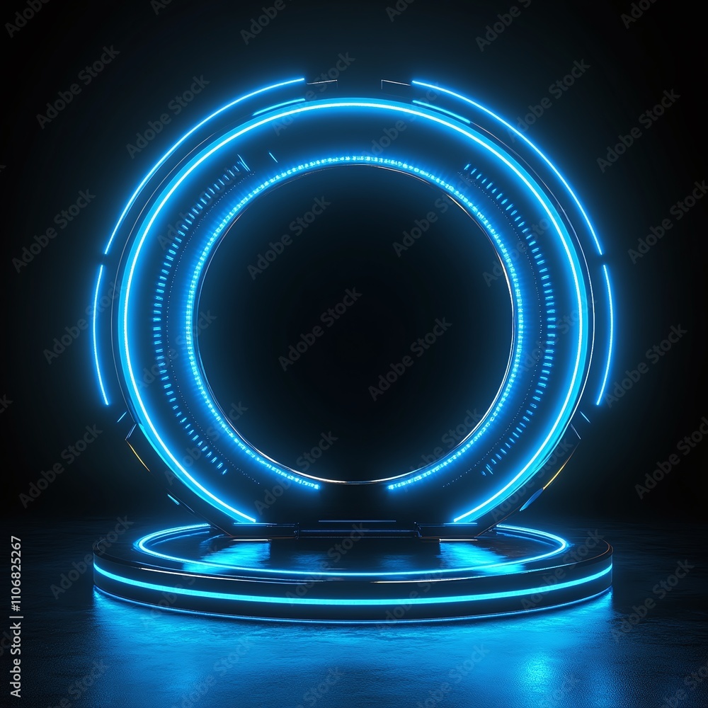 Poster futuristic neon portal with glowing lines and circular design on dark background for sci-fi concepts