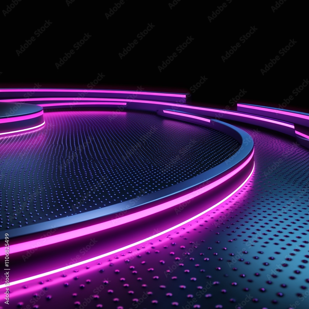 Poster Futuristic Stage Design with Neon Lights and Circular Patterns in a Dark Background for Events and Performances