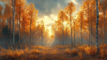 Fototapeta premium A golden autumn forest with tall trees and sunlight filtering through the golden leaves, creating a serene and warm ambiance