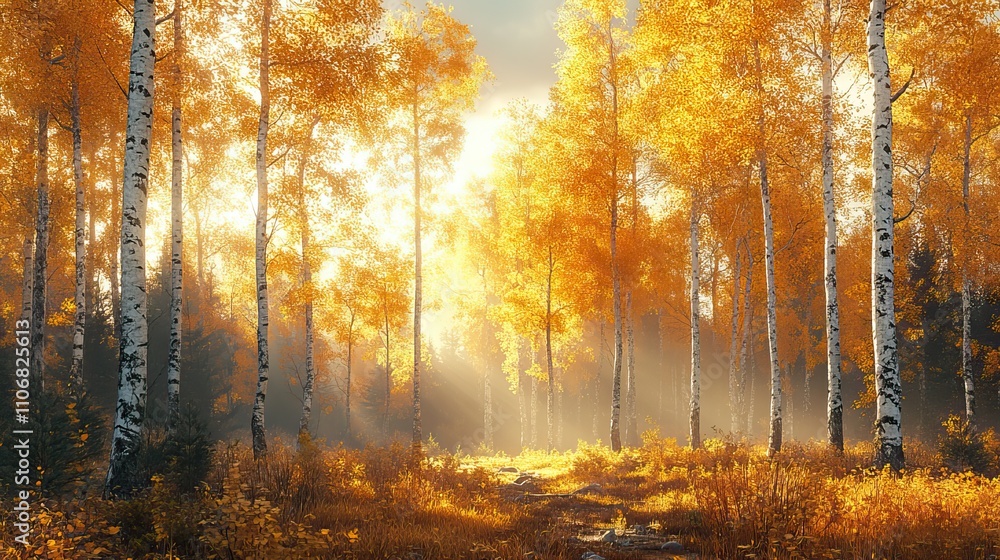 Poster a golden autumn forest with tall trees and sunlight filtering through the yellow leaves, creating a 