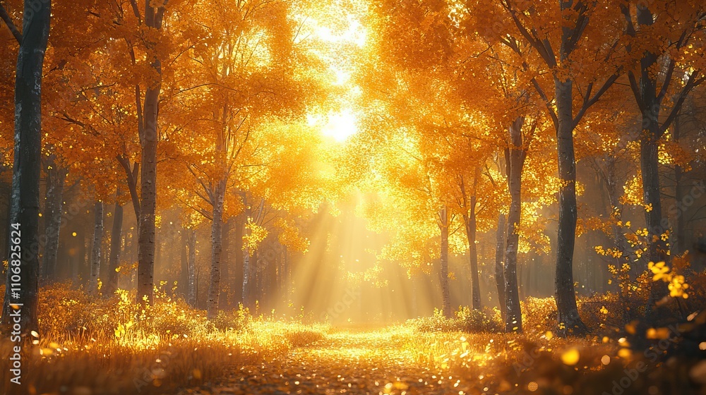 Poster a golden autumn forest with tall trees and sunlight filtering through the yellow leaves, creating a 