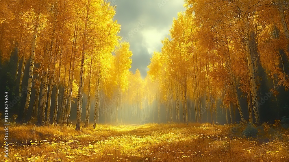 Poster a golden autumn forest with tall trees and sunlight filtering through the yellow leaves, creating a 