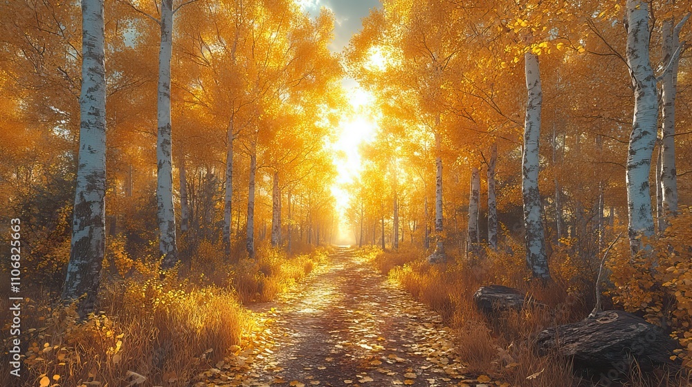 Poster a golden autumn forest with tall trees and sunlight filtering through the yellow leaves, creating a 