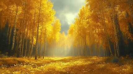 Fototapeta premium A golden autumn forest with tall trees and sunlight filtering through the yellow leaves, creating a tranquil setting