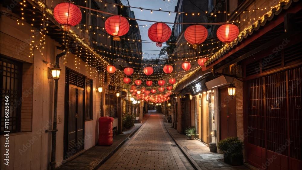 Poster twinkling canopy a narrow street comes alive with an overhead canopy of red lanterns their soft glow