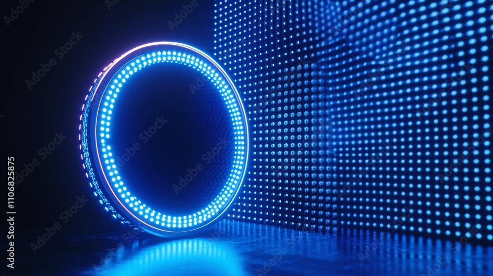 Poster illuminated circular display with blue led lights against a dark background for futuristic concepts
