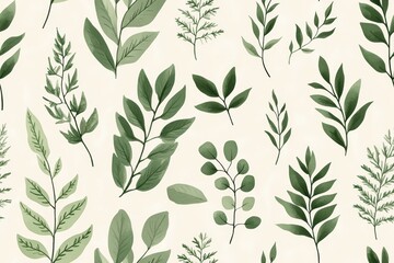 Fototapeta premium Delicate Fern and Eucalyptus Leaves on Light Beige
