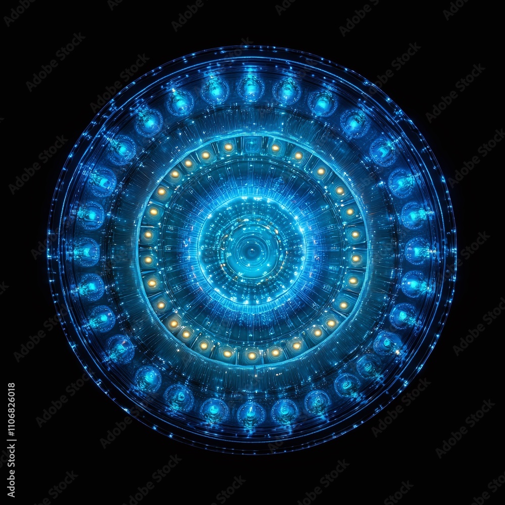 Poster mesmerizing circular pattern with blue lights and abstract design on black background for creative p