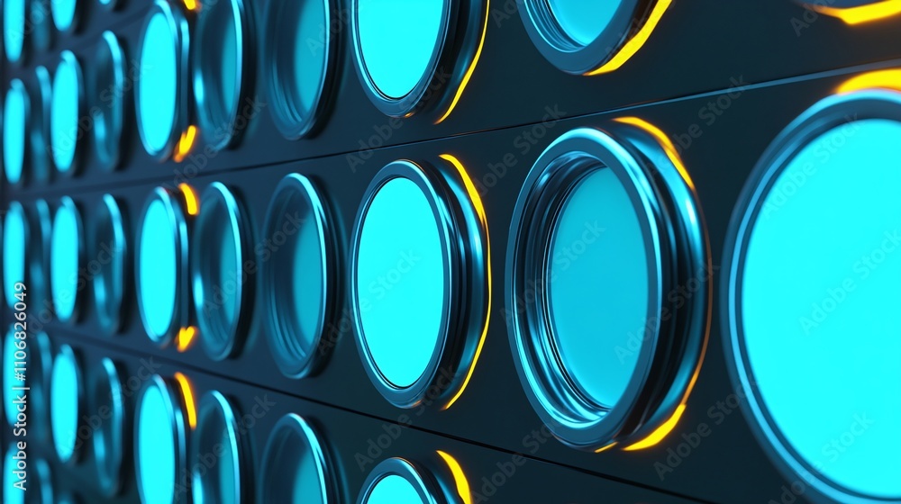 Poster modern abstract background with circular elements and neon blue light effects in geometric pattern