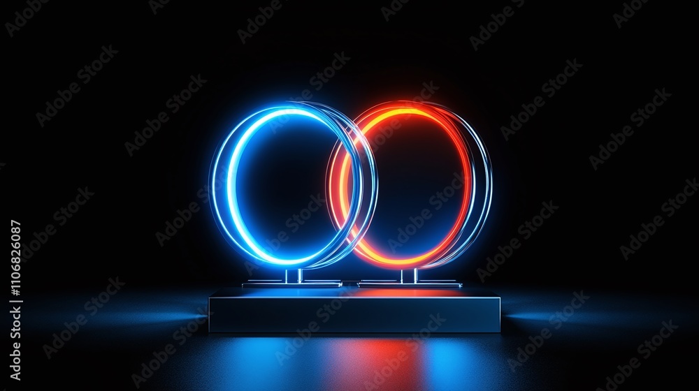 Poster neon blue and red circular light structures on a dark background for modern design concepts