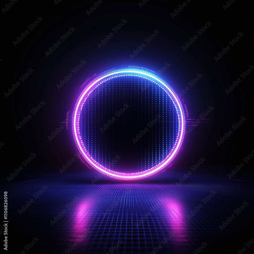 Aufkleber neon circle with colorful lights and digital waveforms in a dark background for modern designs