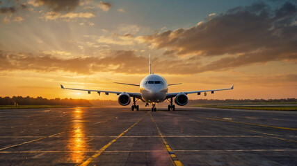 Airplane on the runway at sunset. Concept of travel and business.
