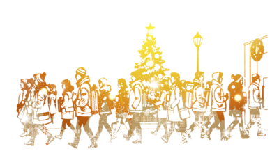 冬の街を行き交う人々の背景素材