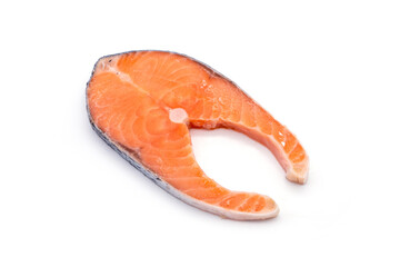Salmon, trout, steak, slice of fresh raw fish frozen from supermarket isolated on white background.
