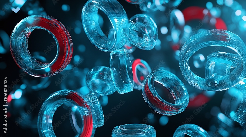 Poster transparent 3d rings floating in dark space with red highlights and bubbles for abstract graphics