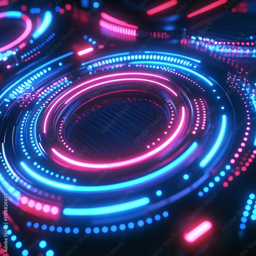 Poster vibrant abstract background with neon circles and glowing lines for modern digital design