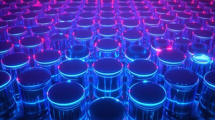 Vibrant Abstract Background with Rows of Illuminated Cylinders in Blue and Pink Neon Light