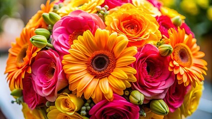 Fototapeta premium Close-Up of a Vibrant Bridal Bouquet Featuring Bright Pink Gerberas, Orange Roses, and Cheerful Yellow Blooms in a Joyful and Colorful Arrangement for Wedding Inspiration