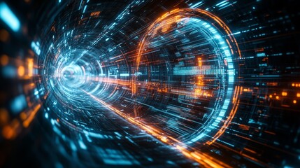 Obraz premium Abstract digital tunnel with glowing blue and orange rings