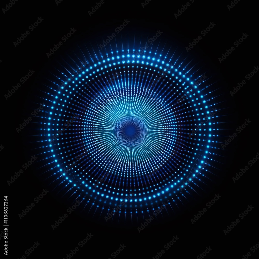 Poster vibrant blue circular light pattern with dots and gradients on a dark background for abstract design