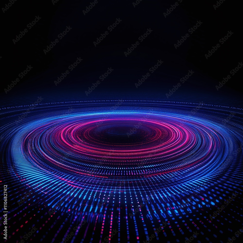 Poster vibrant circular light patterns creating a dynamic visual display with blue and pink dots on a dark 