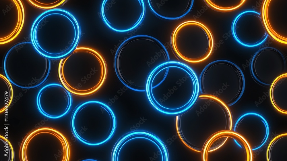 Poster vibrant circular light patterns in neon blue and orange on dark background for abstract designs and 