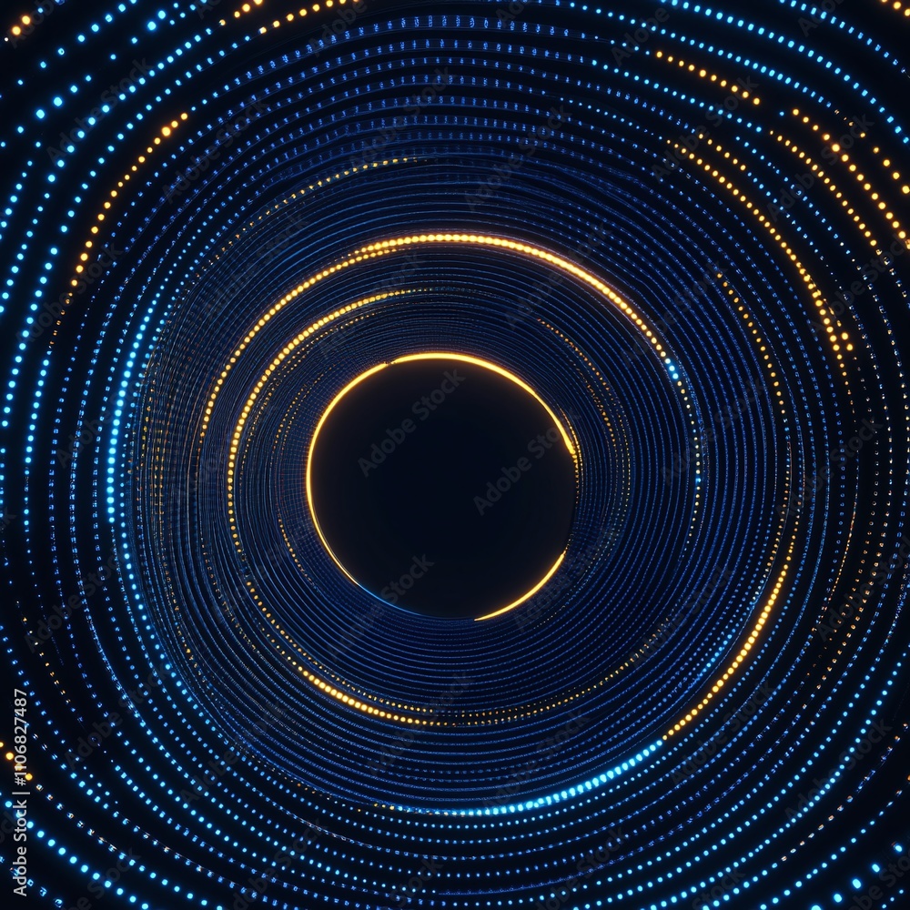 Poster vibrant circular light patterns with blue and yellow glow in a dark background for abstract designs