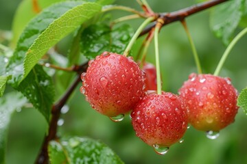 Freshly picked cherries glistening with rain droplets on a branch under natural light in a lush garden