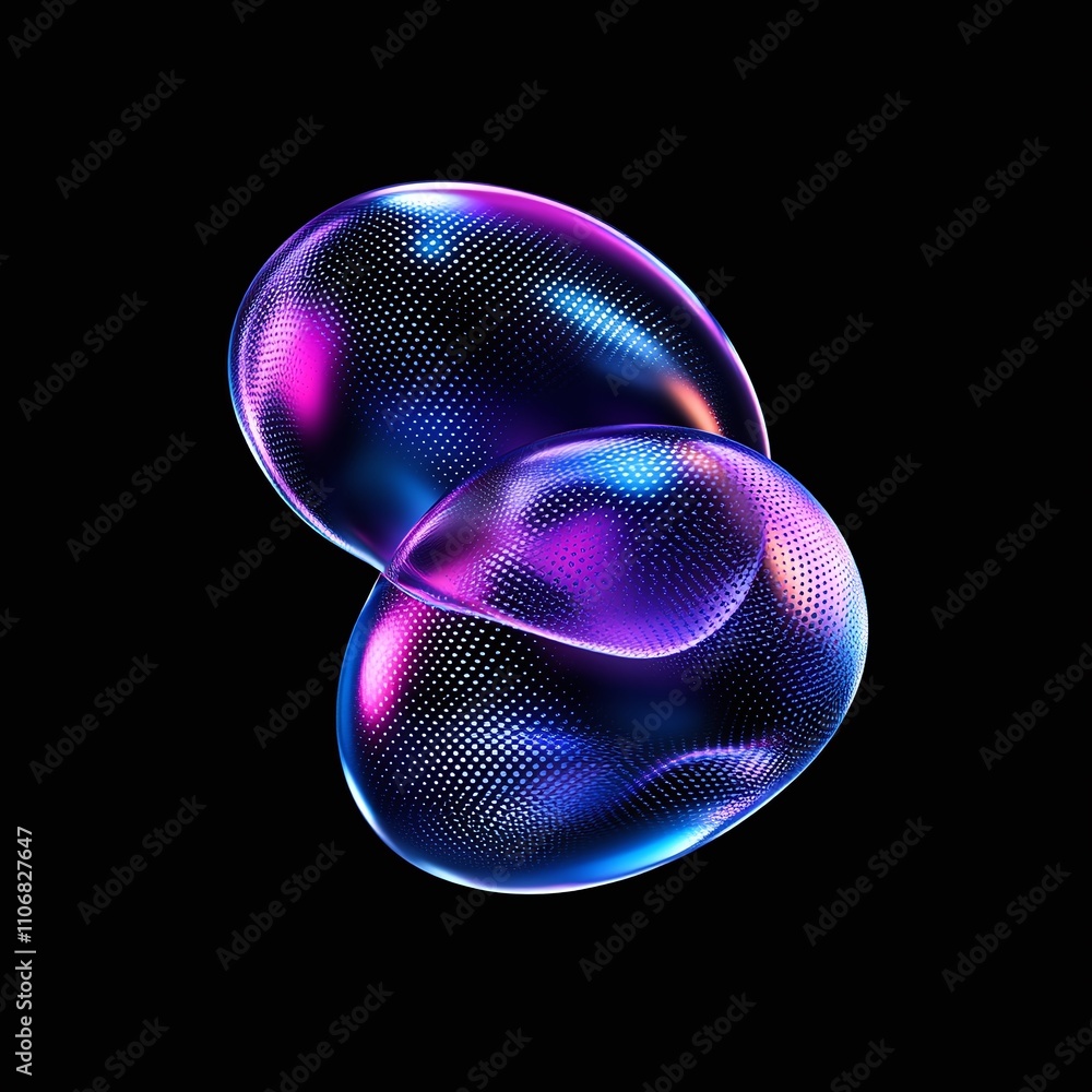 Poster vibrant colorful bubbles with iridescent patterns on a black background reflecting light and creatin
