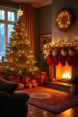 A cozy living room with a decorated Christmas tree, fireplace and stockings, filled with warm light and anticipation of Santa Claus