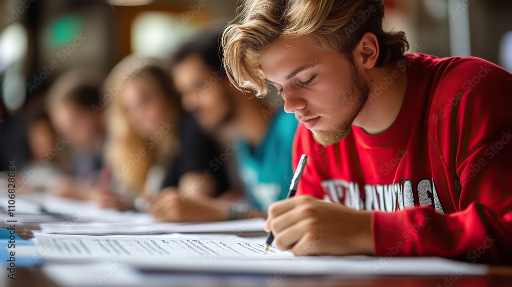 Aufkleber a group of students write on papers in class the image focuses on their hands and paper, with one st