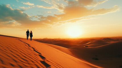 Fototapeta premium Couple walking on sand dunes at sunset, capturing the tranquility of the desert landscape