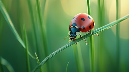 Close-up of a vibrant red ladybug with black spots crawling delicately on a thin blade of grass, surrounded by a soft, blurred green background in natural light.