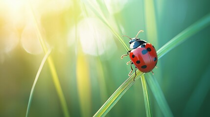 Obraz premium Macro shot of a vibrant red ladybug with black spots perched on a blade of grass, illuminated by warm sunlight and set against a soft, blurred green and yellow background.