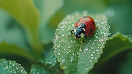 Fototapeta premium Close-up of a vivid red ladybug with black spots perched on a dewy green leaf, surrounded by shimmering water droplets and a blurred green background.