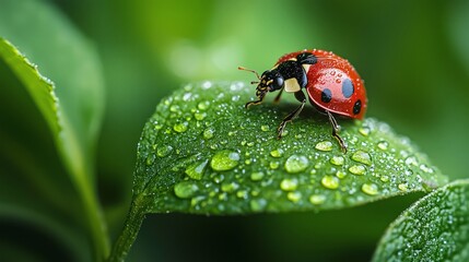 Fototapeta premium Close-up of a vibrant red ladybug with black spots perched on a green leaf covered in sparkling morning dew, set against a lush blurred green background.
