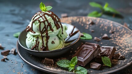 Mint chocolate ice cream topped with mint leaves and chocolate drizzle