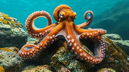 Vivid orange octopus gracefully perched on rocky seabed, showcasing intricate textures and tentacle details against a tranquil underwater blue backdrop.