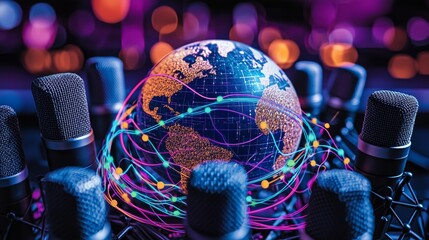 Global podcasting concept with multiple microphones encircling a glowing Earth, connected by vibrant lines symbolizing worldwide communication and storytelling.
