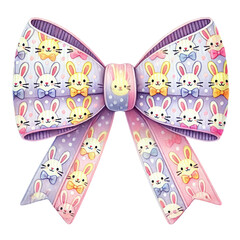 An adorable Easter bow featuring a playful bunny pattern with pastel polka dots and vibrant colors, perfect for decor.