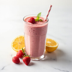 Strawberry smoothie with lemon and mint in a glass with copy space