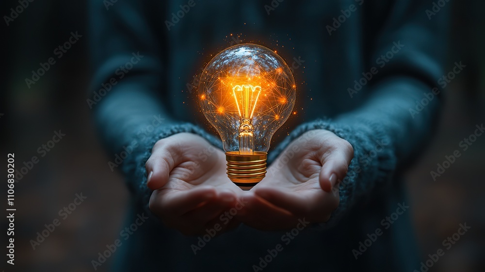 Poster a hand holding a light bulb with a digital network connection represents the connection to ideas and