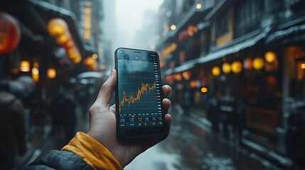 A hand holding a phone displaying stock market charts on the screen, representing financial analysis and stock trading